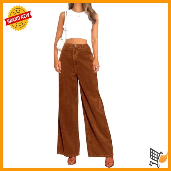 High Waisted Wide Leg Corduroy Pants Elastic Waist Casual Trousers - Picture 2 of 6